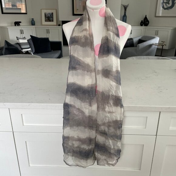 Club Monaco Moody Abstract Print 100% Silk Scarf/Wrap Grey Cream Tan Sz OS - Picture 2 of 8